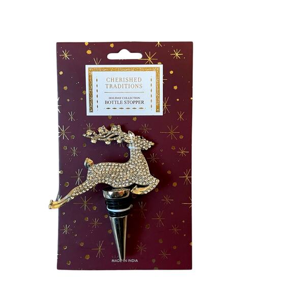 Gold Rhinestone Reindeer Bottle Stopper Holiday Barware New - Picture 6 of 7